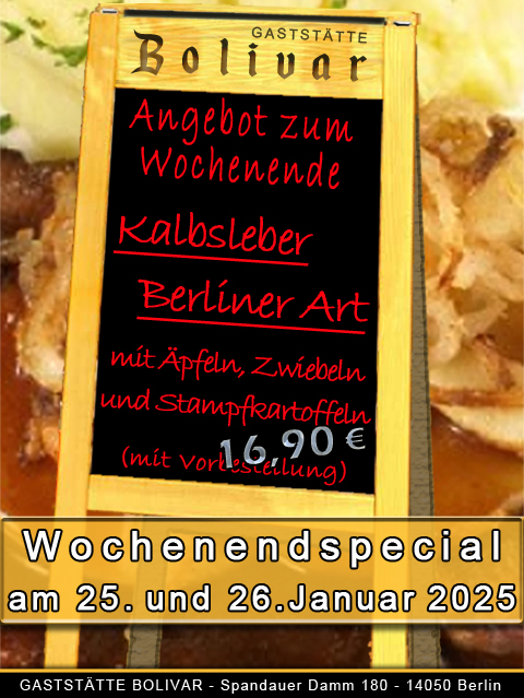 Kalbsleber Berliner Art dazu hausgemachtem Stampfkartoffeln mit oder ohne Muskatnuss sowie Äpfel und Zwiebeln. 16,90 Euro