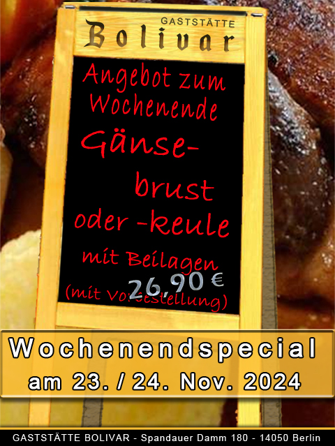 Gebratene Gans mit Grün- und Rotkohl dazu Klöße oder Kartoffeln und eine schmackhafte Soße (Fleisch Brust oder Keule) 26,90 € Nur mit Vorbestellung bis zum Donnerstag, den 21. November 2024 - 20 Uhr