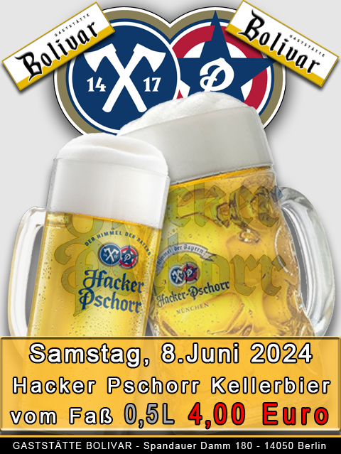 Angebot am 8. Juni 2024 - Hacker Pschorr Kellerbier - Am Samstag, ob als Single oder Pärchen die Woche in einem schönen Biergarten ausklingen lassen - Wohin in Berlin Charlottenburg, ins Bolivar, etwas essen und trinken in angenehmer Atmosphäre