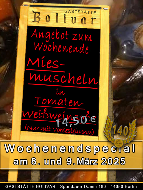 Wochenendspecial am 8 und 9 März 2025 - Miesmuscheln in Tomaten-Weißweinsoße