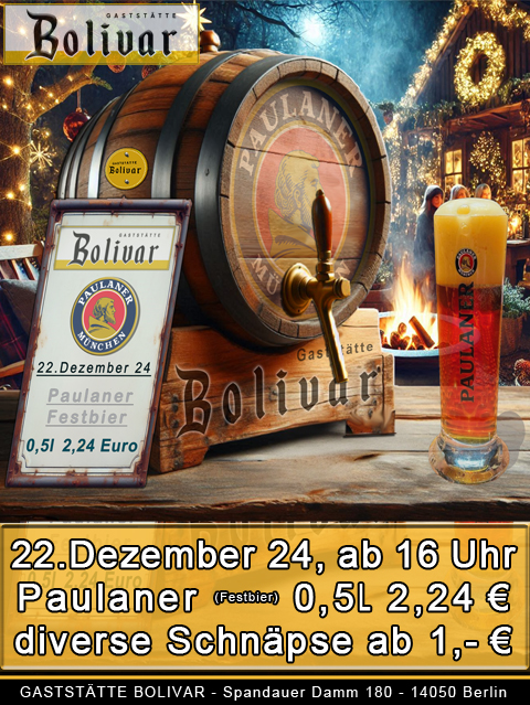 4. Advent 2024 - Dezember 2024 - Gaststätte Bolivar, Spandauer Damm 180, 14050 Berlin - Weihnachtszauber am 22. Dezember 2024, ab 17 Uhr in der Gaststätte Bolivar! Tauchen Sie ein in eine festliche Nacht voller Weihnachtsmusik und mehr, Glühwein, und heiße Schokolade! Genießen Sie Köstlichkeiten vom Grill sowie die Grünkohlpfanne al a Bolivar und lassen Sie sich von unseren tollen Angeboten verzaubern. Paulaner "Festbier" 0,5l für 2,24 Euro vom Faß! Und das ist noch nicht alles entdecken Sie unsere diversen Schnäpse (ab 1 €) und weitere exklusive Angebote! Solange unsere Vorräte reichen - Ende gegen 21 Uhr!!! Wir freuen uns auf Ihren Besuch und darauf, mit Ihnen eine wunderschöne Weihnachtszeit zu erleben! Das Team vom Bolivar wünscht Ihnen frohe Festtage! Hier finden Sie uns: am Spandauer Damm 180, 14050 Berlin-Charlottenburg, im Kiez von Neu-Westend. Unsere Lage ist ideal, da wir eine hervorragende Anbindung an die öffentlichen Verkehrsmittel und die Stadtautobahn haben. Wir befinden uns zwischen den Stadtteilen Siemensstadt, Spandau und Wilmersdorf. Weihnachtssauber / Weihnachtszeit Die Weihnachtszeit ist eine besondere Zeit des Jahres, die mit vielen Märkten und Festen verbunden ist. Diese Tradition hat ihre Wurzeln in der Geschichte und den Bräuchen, die sich über Jahrhunderte entwickelt haben. Ursprung der Weihnachtsmärkte Mittelalterliche Wurzeln: Die ersten Weihnachtsmärkte entstanden im Mittelalter, etwa im 14. Jahrhundert. Sie dienten ursprünglich der Versorgung der Bevölkerung mit Lebensmitteln und anderen Waren für den Winter. Die Menschen konnten dort frische Produkte kaufen, um sich auf die kalte Jahreszeit vorzubereiten. Ein Beispiel ist der Dresdner Striezelmarkt, der 1434 erstmals erwähnt wurde und als einer der ältesten Weihnachtsmärkte gilt. Religiöse Feste: Viele dieser Märkte waren eng mit religiösen Feiertagen verbunden. Sie fanden oft in der Adventszeit statt, die eine Vorbereitungszeit auf das Weihnachtsfest darstellt. Die Adventszeit war früher auch eine Fastenzeit, in der die Menschen sich auf das Fest vorbereiteten. Entwicklung der Tradition Vom Markt zur Feier: Im Laufe der Zeit wandelte sich der Charakter der Weihnachtsmärkte. Während sie anfangs vor allem der Versorgung dienten, wurden sie zunehmend zu Orten des Geselligkeit und der Feierlichkeiten. Die Menschen kamen zusammen, um die festliche Atmosphäre zu genießen, Glühwein zu trinken und Geschenke zu kaufen. Kulturelle Bedeutung: Weihnachtsmärkte sind nicht nur in Deutschland, sondern auch in vielen anderen Ländern populär geworden. Sie sind ein wichtiger Teil der weihnachtlichen Kultur und ziehen Touristen aus aller Welt an. Die Märkte bieten eine Vielzahl von Handwerkskunst, Lebensmitteln und Unterhaltung, was sie zu einem Erlebnis für die ganze Familie macht. Heutige Bedeutung Moderne Märkte: Heute sind Weihnachtsmärkte ein fester Bestandteil der Vorweihnachtszeit in vielen Städten. Sie beginnen oft Ende November und dauern bis kurz vor Weihnachten. Die Märkte sind geschmückt mit Lichtern und festlichen Dekorationen, was eine zauberhafte Atmosphäre schafft. Vielfalt der Angebote: Auf den Märkten findet man alles von handgemachten Geschenken über leckere Speisen bis hin zu traditionellen Getränken wie Glühwein. Viele Märkte bieten auch kulturelle Programme mit Musik, Theater und anderen Darbietungen an. Insgesamt sind die Weihnachtsmärkte ein Ausdruck von Tradition, Gemeinschaft und Feierfreude, die die Menschen in der kalten Jahreszeit zusammenbringt und die Vorfreude auf das Weihnachtsfest steigert.